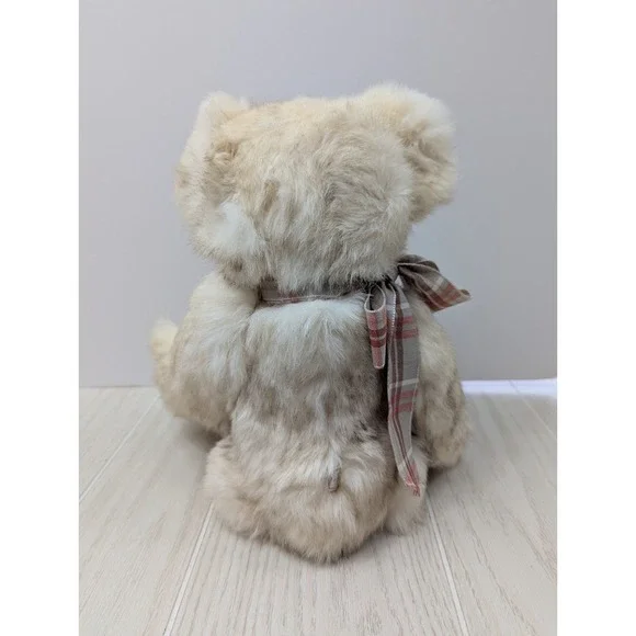 Johnson's Plush real fur cream jointed teddy bear tan pawpads plaid bow READ - Picture 10 of 11